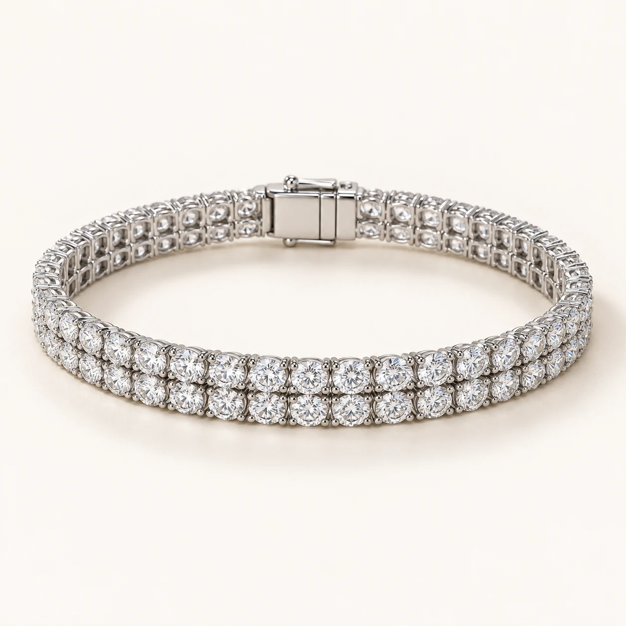 Grand Lumière in Silver, tennis bracelet, two parallel continuous rows of round clear cubic zirconia, box clasp, no extender