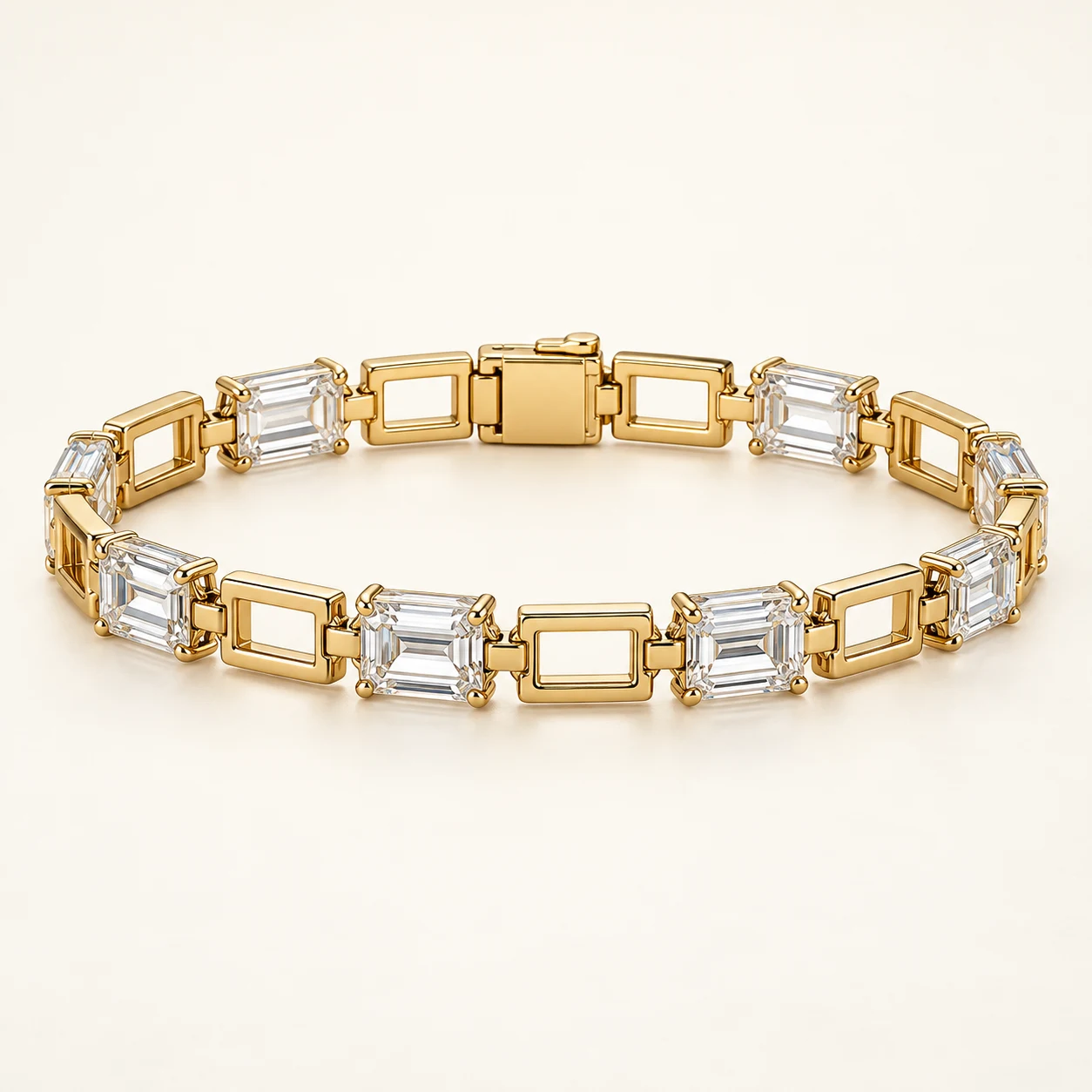 Solène Frame in Gold, articulated geometric rectangular link bracelet alternating emerald-cut rectangular clear cubic zirconia with open rectangular gold links, box clasp
