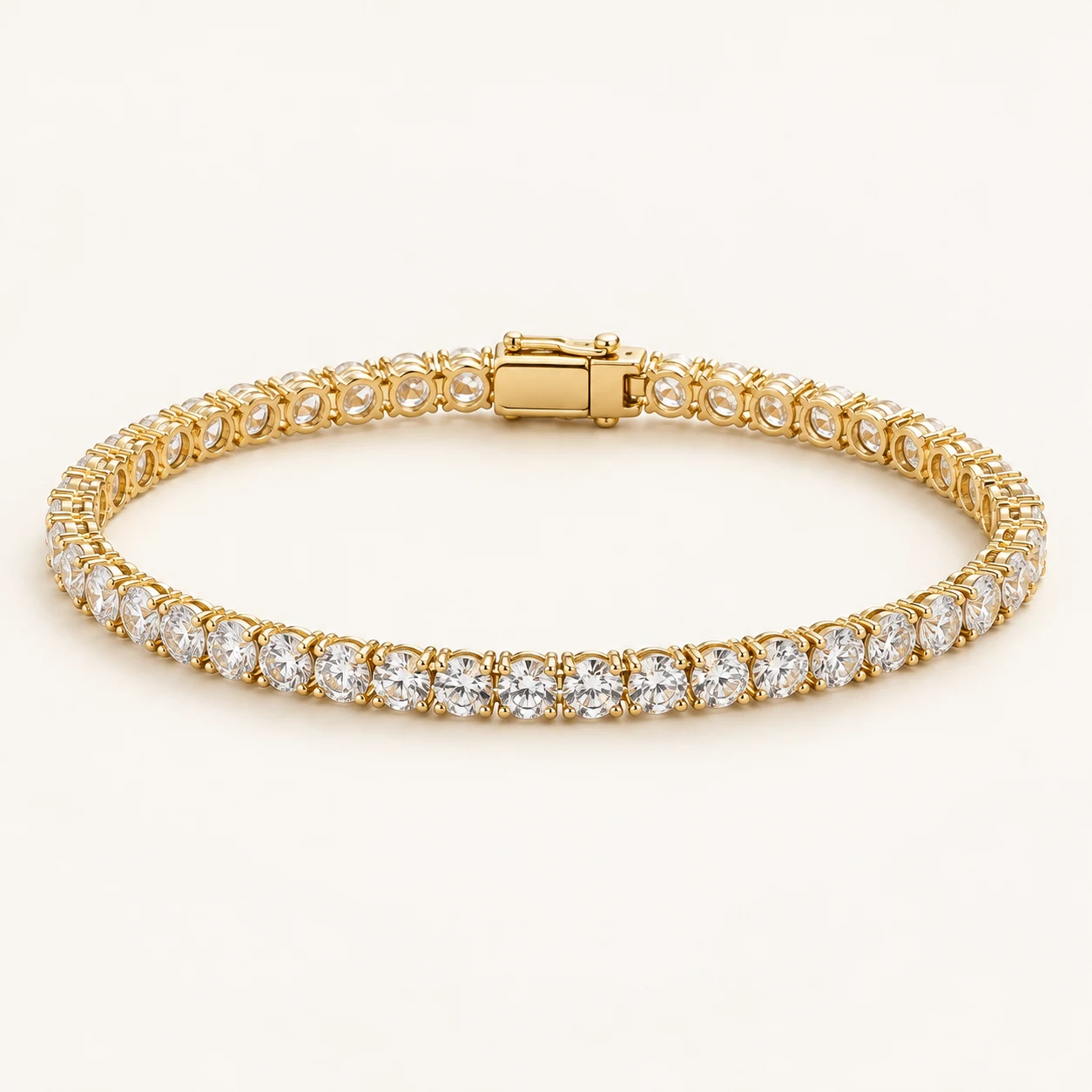 Golden Reverie in Gold, tennis bracelet, one continuous fine row of ROUND clear cubic zirconia, elegant four prong settings, box clasp